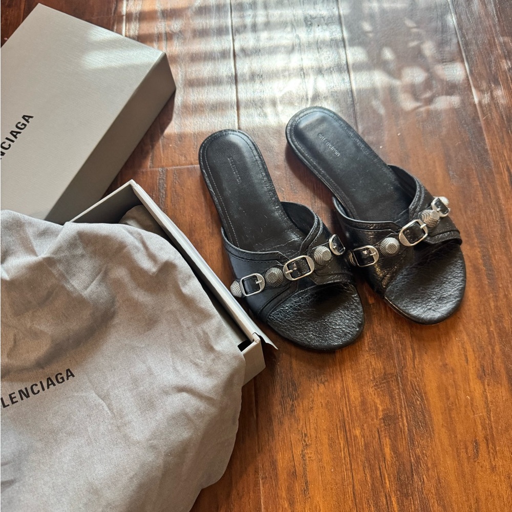 Balenciaga Black Slide Sandals with Silver Accents